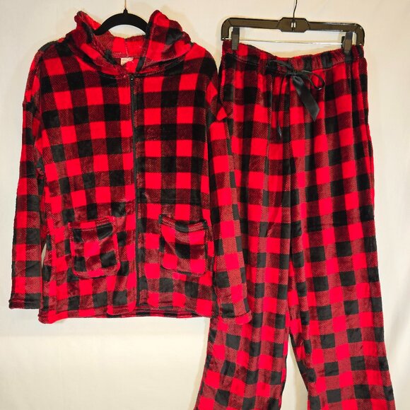 Women's Red & Black Checkered Fleece Hoodie with zipper Pajama set - Picture 1 of 3